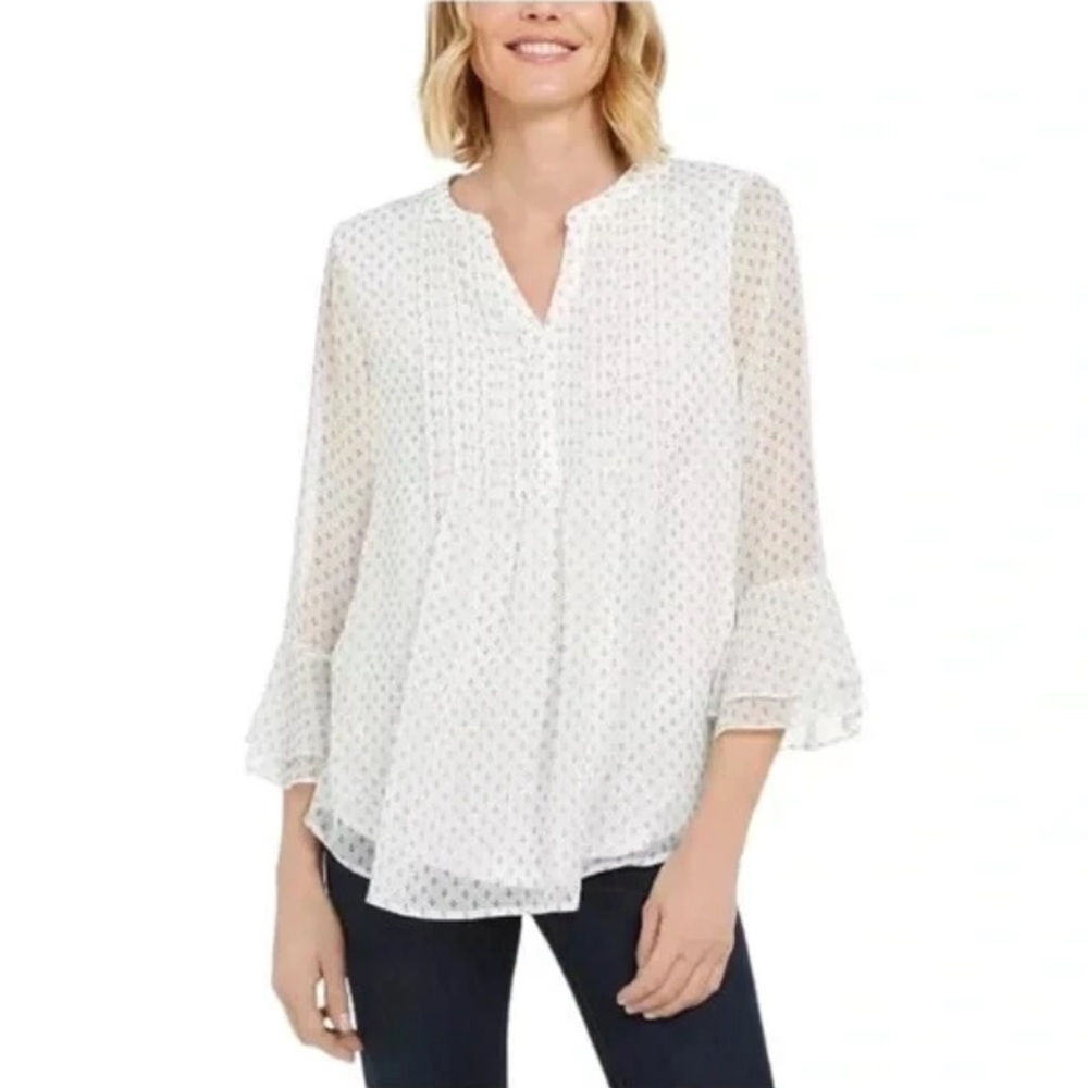 CHARTER CLUB Pintuck Top Ruffle Sleeves V-Neck Cream Black Dot Florals Women XL